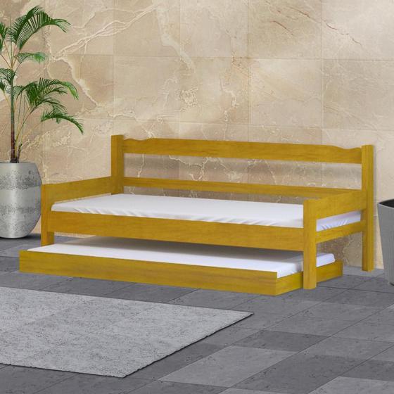 Imagem de Sofá cama solteiro de madeira maciça com cama auxiliar e colchão Nemargi Cerejeira