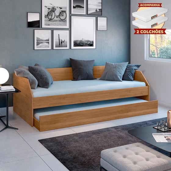 Imagem de Sofá Cama Solteiro Duo com Cama Auxiliar em Mdf Reforçado 15mm Amendoa com 2 Colchões