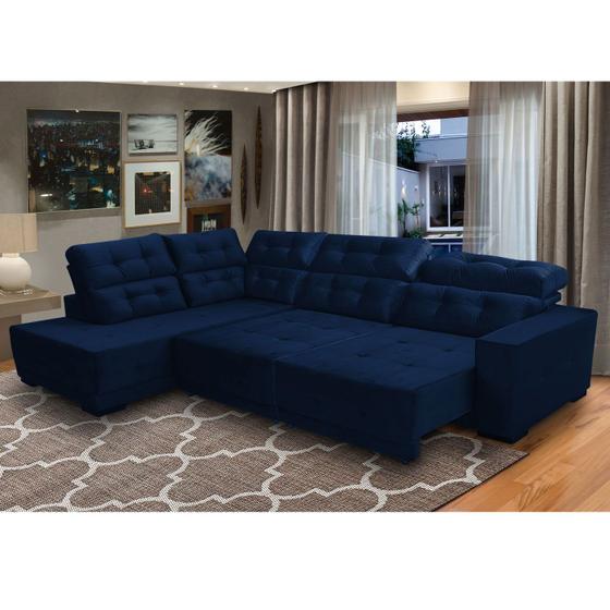 Imagem de Sofá Canto 285 x 205 cm Chaise E Sttilo Retrátil Mola D26 Suede Azul 6 Lugares - SóSofa