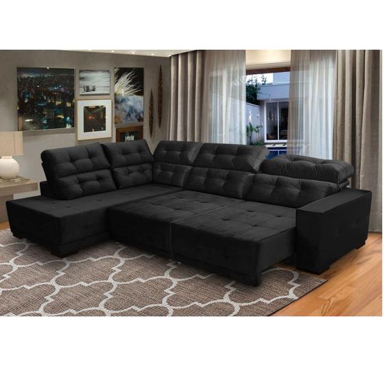 Imagem de Sofá Canto 285 x 205 cm Chaise E Sttilo Retrátil Mola D26 Suede Preto 6 Lugares - SóSofa