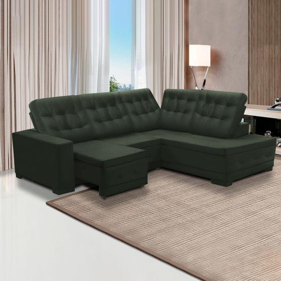 Imagem de Sofá Canto Chaise Dueto 250 x 205 Cm Retrátil Mola Bonnel Reclinável Veludo Verde - SóSofá