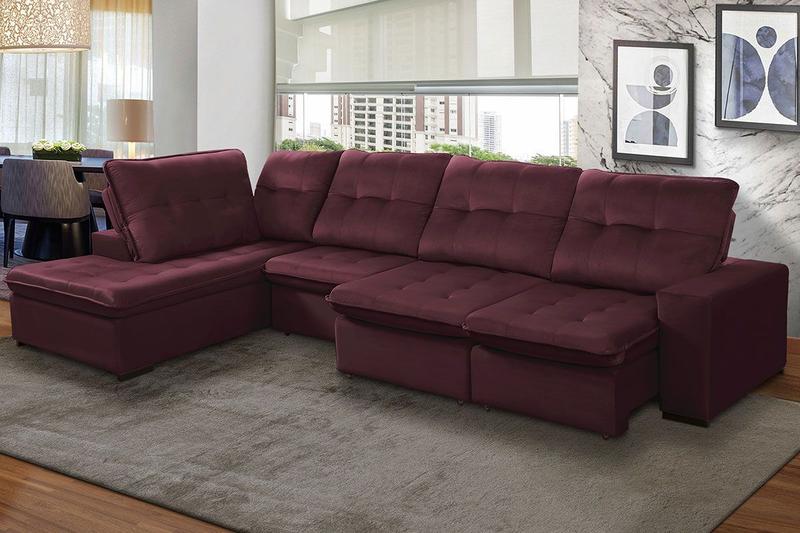 Imagem de Sofá Canto Chaise E 370 x 223 Cm Retrátil Duplo Molejo Pillow D28 Marselha Veludo Roxo - Grandellar