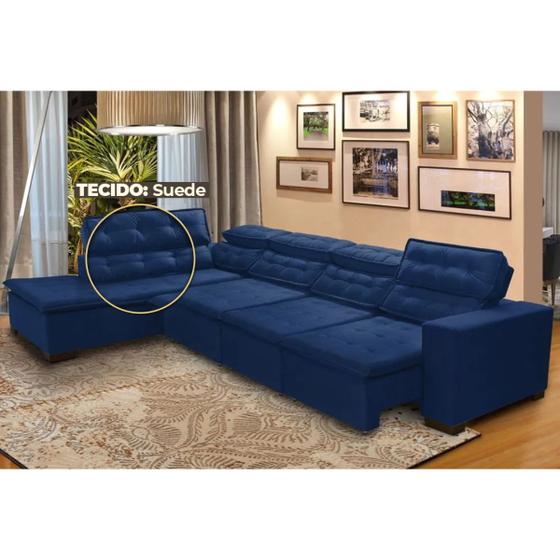 Imagem de Sofá Canto Reclinável Reclinável 7 Lugares Chaise Pillow 360x220cm Suede Azul Sttilo Megasul