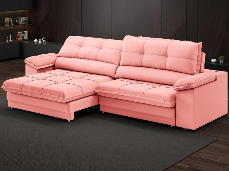 Imagem de Sofá com Carregador USB Retrátil Reclinável Monaco 2,90m Velosuede Rose - NETSOFAS