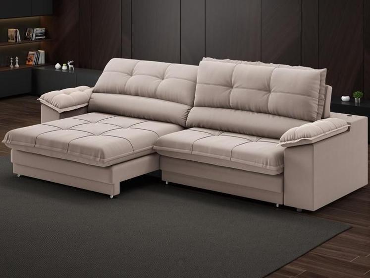 Imagem de Sofá com Carregador USB Retrátil Reclinável Montreal 2,90m Velosuede Bege - NETSOFAS