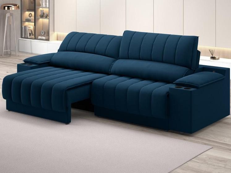 Imagem de Sofá com Porta Copos Carregador USB Ret Rec Murano 2,30m Velosuede Petróleo - NETSOFAS
