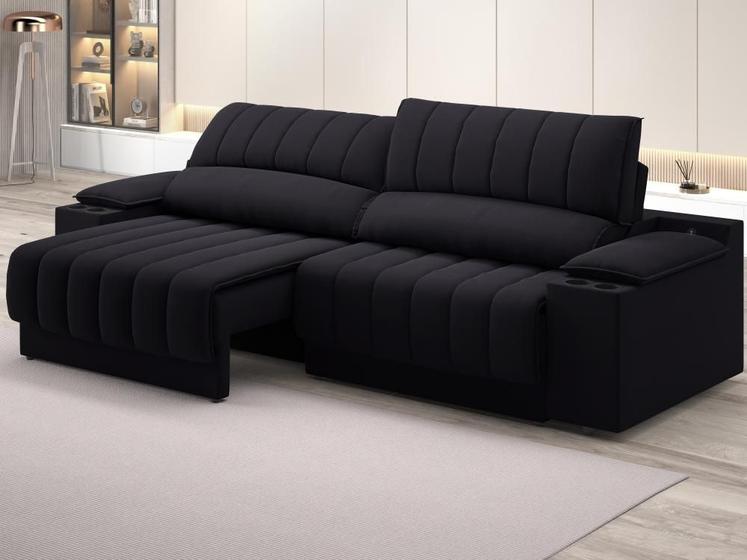 Imagem de Sofá com Porta Copos Carregador USB Ret Rec Murano 2,30m Velosuede Preto - NETSOFAS