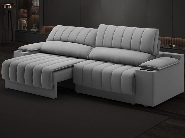 Imagem de Sofá com Porta Copos Carregador USB Ret Rec Murano 2,50m Velosuede Grafite - NETSOFAS