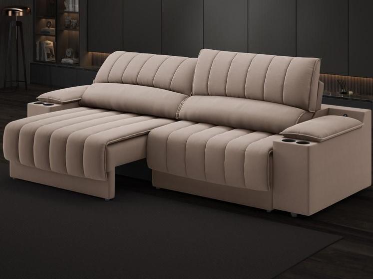 Imagem de Sofá com Porta Copos Carregador USB Ret Rec Murano 2,50m Velosuede Marrom - NETSOFAS