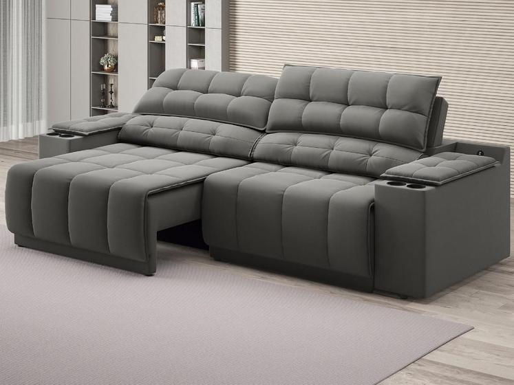 Imagem de Sofá com Porta Copos Carregador USB Ret Rec Samurai 2,30m Velosuede Cinza - NETSOFAS