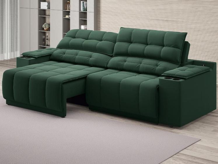 Imagem de Sofá com Porta Copos Carregador USB Ret Rec Samurai 2,30m Velosuede Verde - NETSOFAS