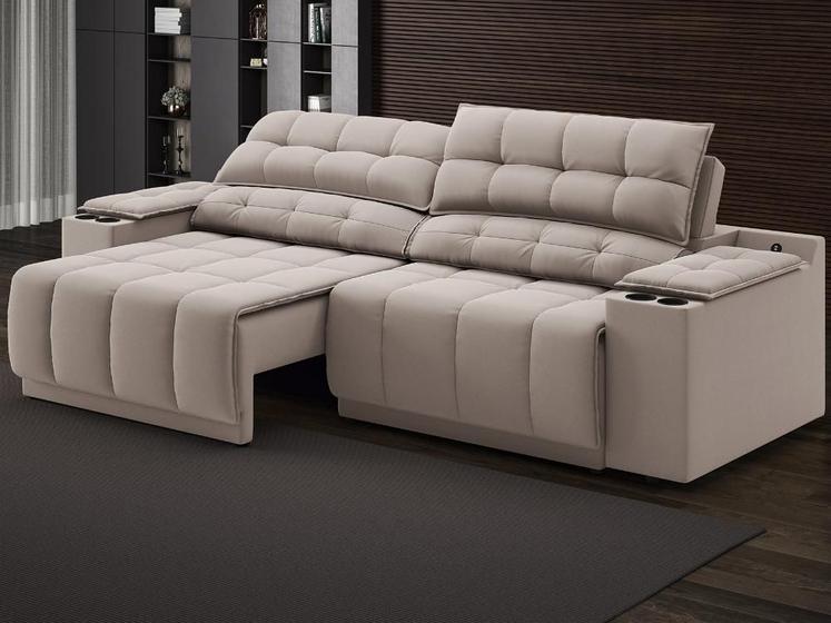 Imagem de Sofá com Porta Copos Carregador USB Ret Rec Samurai 2,50m Velosuede Bege - NETSOFAS