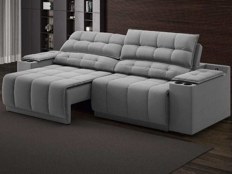 Imagem de Sofá com Porta Copos Carregador USB Ret Rec Samurai 2,50m Velosuede Grafite - NETSOFAS