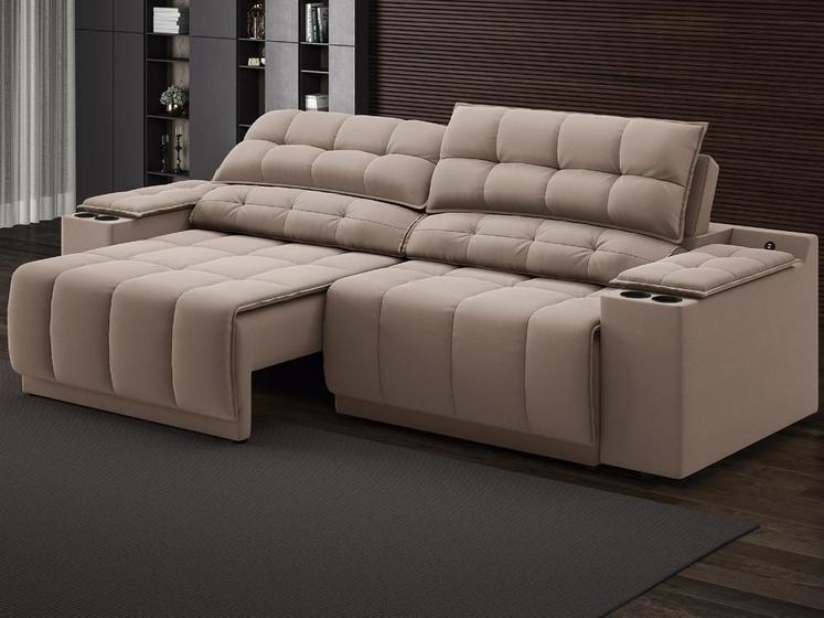 Imagem de Sofá com Porta Copos Carregador USB Ret Rec Samurai 2,50m Velosuede Marrom - NETSOFAS