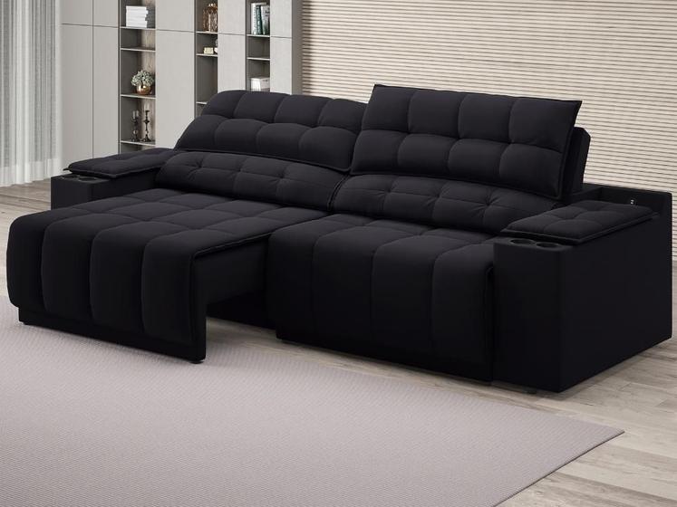 Imagem de Sofá com Porta Copos Carregador USB Ret Rec Samurai 2,50m Velosuede Preto - NETSOFAS