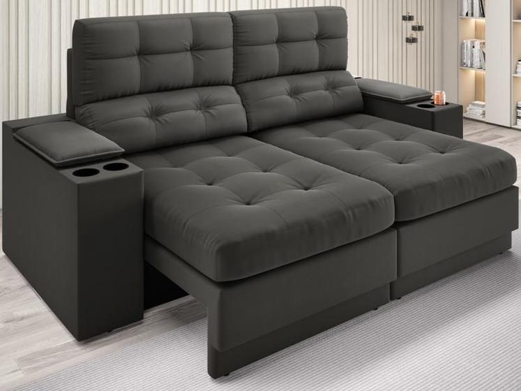Imagem de Sofá com Porta Copos e Carregador USB Eureka 1,70m Assento Retrátil e Reclinável Velosuede Cinza - NETSOFAS