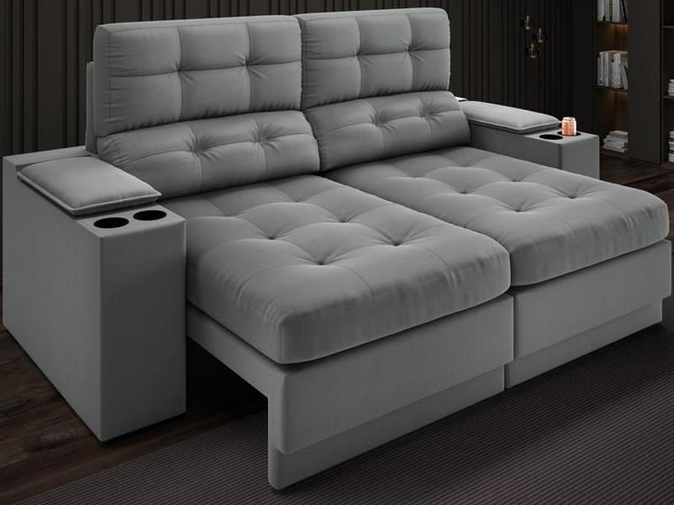 Sofá com Porta Copos e Carregador USB Eureka 1,70m Assento Retrátil e Reclinável Velosuede Grafite - NETSOFAS Menor preço em Sofá com Porta Copos e Carregador USB Eureka 1,70m Assento Retrátil e Reclinável Velosuede Grafite - NETSOFAS