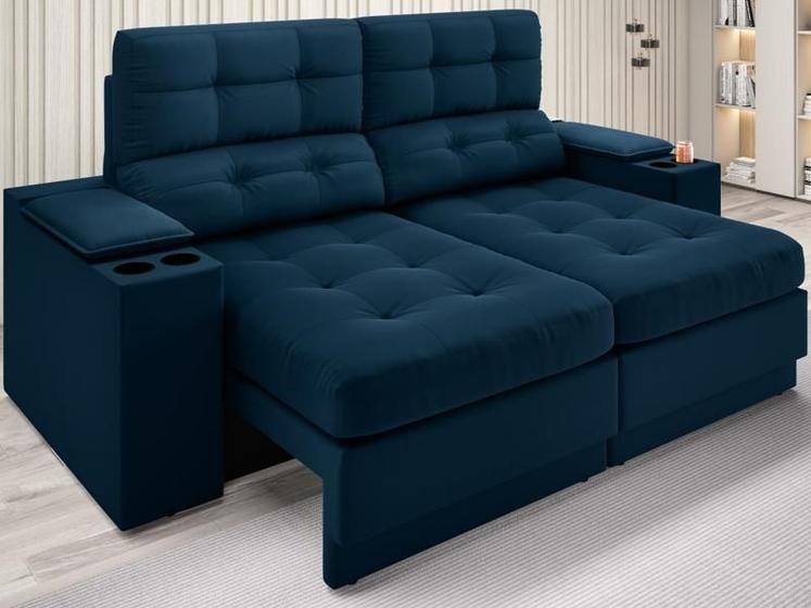 Imagem de Sofá com Porta Copos e Carregador USB Eureka 1,70m Assento Retrátil e Reclinável Velosuede Petróleo - NETSOFAS