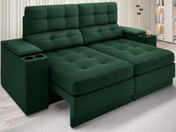 Imagem de Sofá com Porta Copos e Carregador USB Eureka 1,70m Assento Retrátil e Reclinável Velosuede Verde - NETSOFAS
