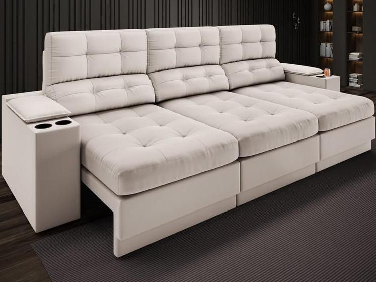 Imagem de Sofá com Porta Copos e Carregador USB Eureka 2,30m Assento Retrátil e Reclinável Velosuede Areia - NETSOFAS