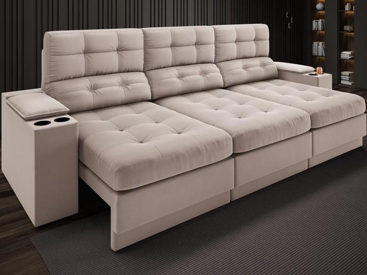 Imagem de Sofá com Porta Copos e Carregador USB Eureka 2,30m Assento Retrátil e Reclinável Velosuede Bege - NETSOFAS