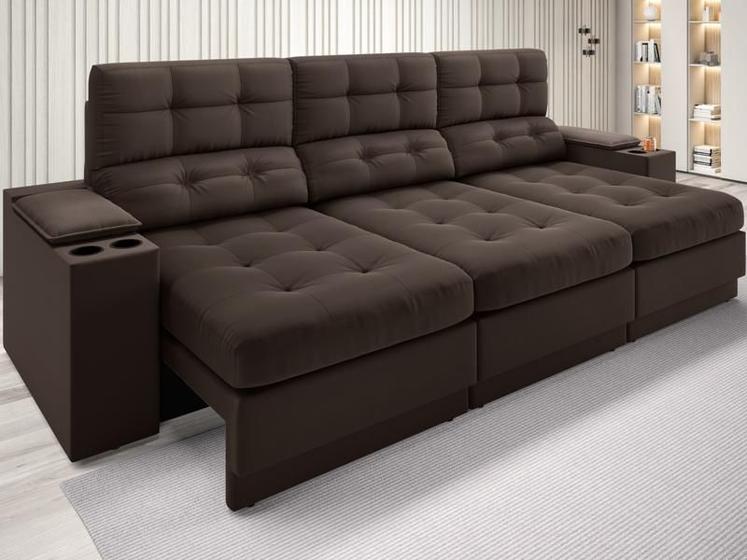 Sofá com Porta Copos e Carregador USB Eureka 2,30m Assento Retrátil e Reclinável Velosuede Chocolate - NETSOFAS Menor preço em Sofá com Porta Copos e Carregador USB Eureka 2,30m Assento Retrátil e Reclinável Velosuede Chocolate - NETSOFAS