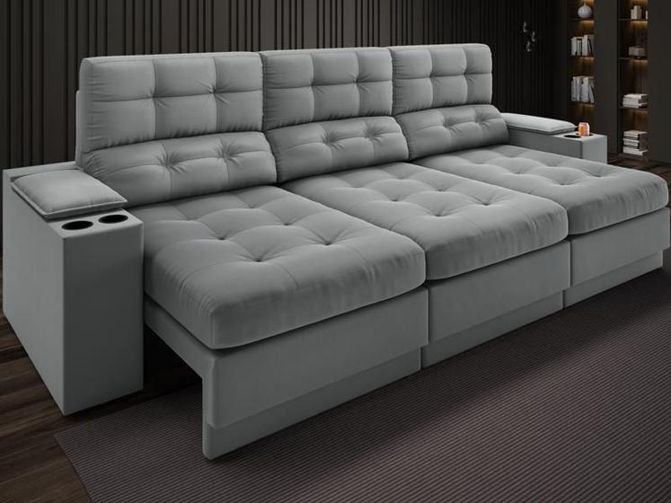 Sofá com Porta Copos e Carregador USB Eureka 2,30m Assento Retrátil e Reclinável Velosuede Grafite - NETSOFAS Menor preço em Sofá com Porta Copos e Carregador USB Eureka 2,30m Assento Retrátil e Reclinável Velosuede Grafite - NETSOFAS