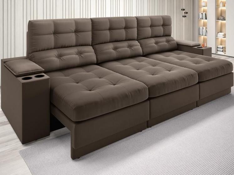 Imagem de Sofá com Porta Copos e Carregador USB Eureka 2,30m Assento Retrátil e Reclinável Velosuede Marrom - NETSOFAS