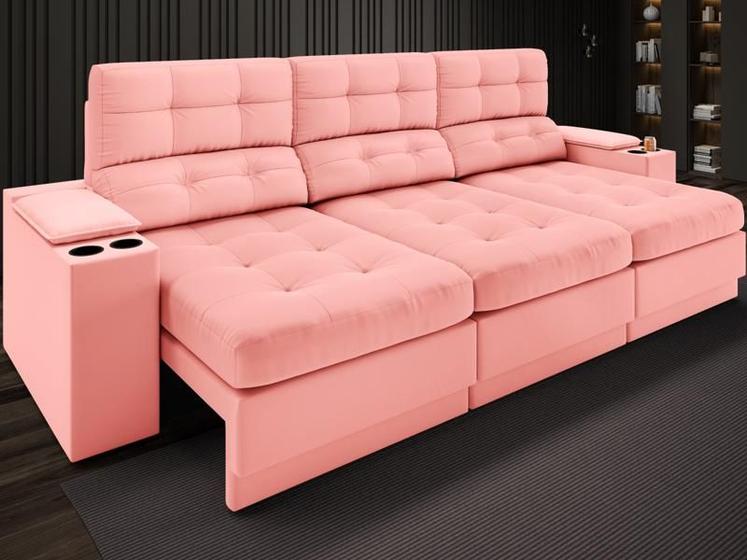 Imagem de Sofá com Porta Copos e Carregador USB Eureka 2,30m  Assento Retrátil e Reclinável Velosuede Rose - NETSOFAS