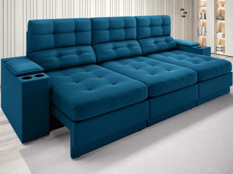 Imagem de Sofá com Porta Copos e Carregador USB Eureka 2,30m  Assento Retrátil e Reclinável Velosuede Royal - NETSOFAS