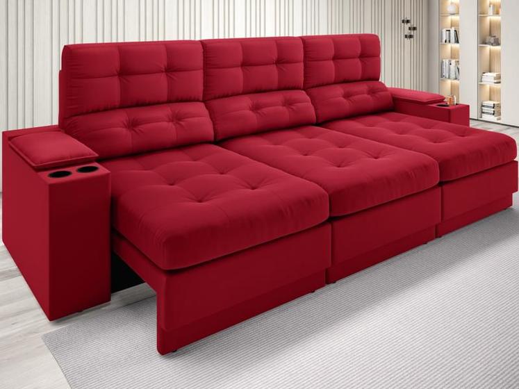 Imagem de Sofá com Porta Copos e Carregador USB Eureka 2,30m  Assento Retrátil e Reclinável Velosuede Vermelho - NETSOFAS