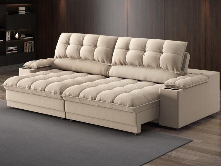 Imagem de Sofá com Porta Copos e Carregador USB Ret Rec Luke 2,10m Linho Soft Bege - NETSOFAS