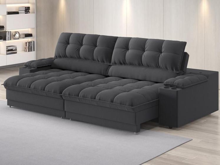 Imagem de Sofá com Porta Copos e Carregador USB Ret Rec Luke 2,10m Linho Soft Grafite - NETSOFAS