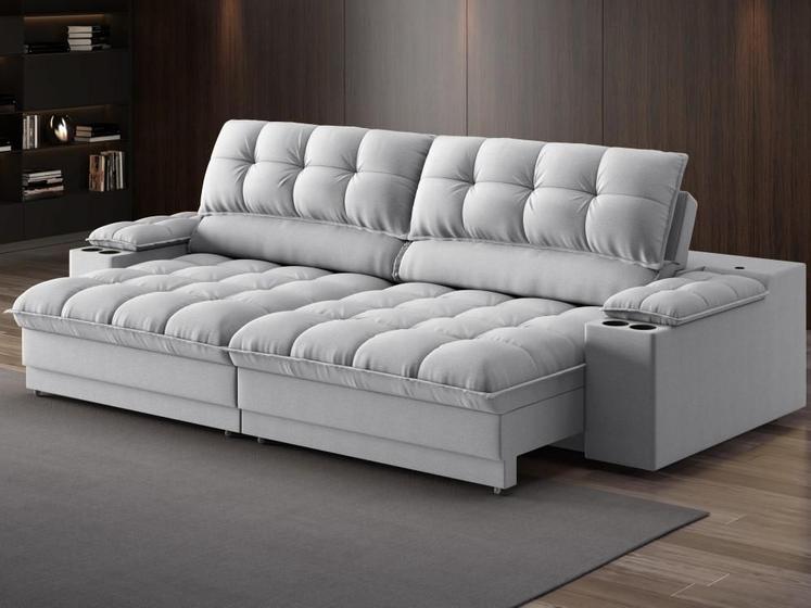 Imagem de Sofá com Porta Copos e Carregador USB Ret Rec Luke 2,30m Linho Soft Prata - NETSOFAS