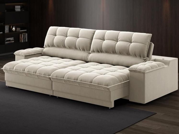 Imagem de Sofá com Porta Copos e Carregador USB Ret Rec Luke 2,50m Veludocristal Areia - NETSOFAS