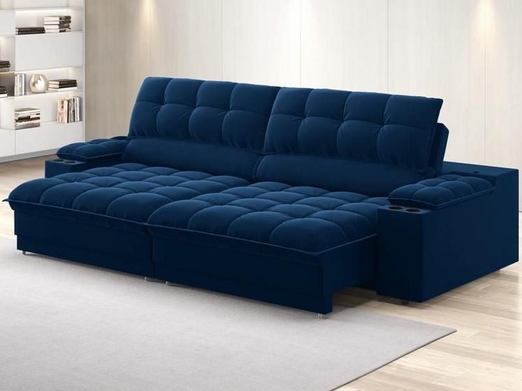 Imagem de Sofá com Porta Copos e Carregador USB Ret Rec Luke 2,50m Veludocristal Azul Marinho - NETSOFAS