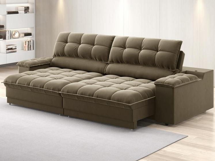 Imagem de Sofá com Porta Copos e Carregador USB Ret Rec Luke 2,50m Veludocristal Castor - NETSOFAS