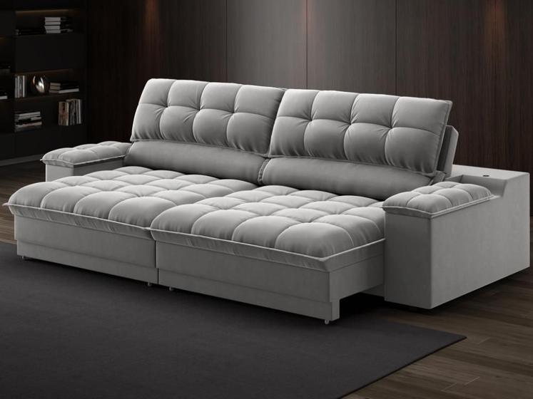 Imagem de Sofá com Porta Copos e Carregador USB Ret Rec Luke 2,90m Veludocristal Cinza - NETSOFAS