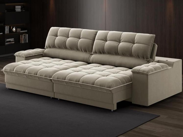Imagem de Sofá com Porta Copos e Carregador USB Ret Rec Luke 2,90m Veludocristal Fendi - NETSOFAS