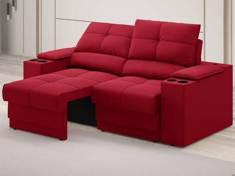 Imagem de Sofá com Porta Copos e Carregador USB Retrátil e Reclinável Ringo 1,70m Velosuede Vermelho - NETSOFAS