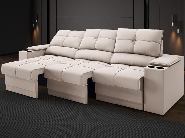 Imagem de Sofá com Porta Copos e Carregador USB Retrátil e Reclinável Ringo 2,30m Velosuede Areia - NETSOFAS