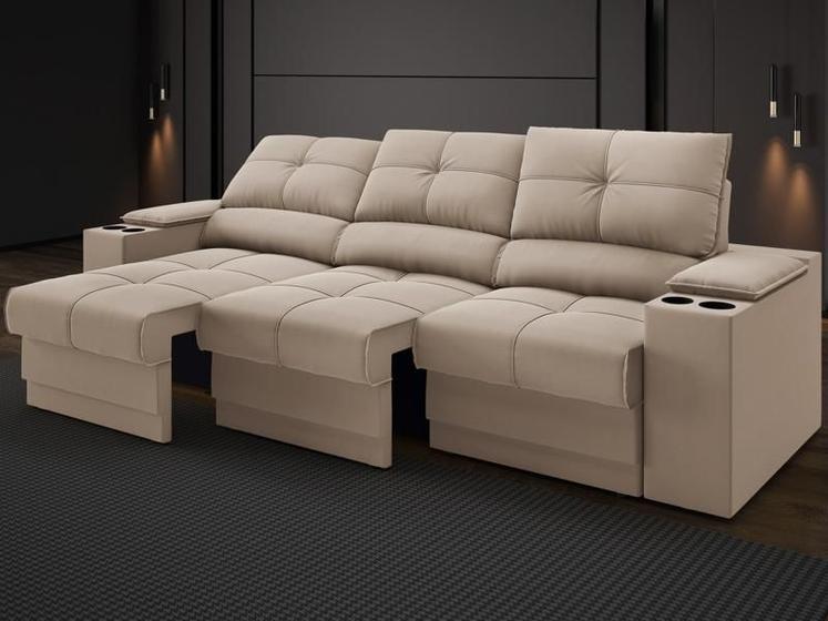 Imagem de Sofá com Porta Copos e Carregador USB Retrátil e Reclinável Ringo 2,30m Velosuede Capuccino - NETSOFAS