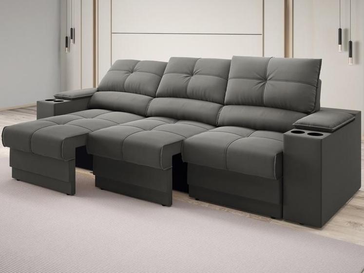 Imagem de Sofá com Porta Copos e Carregador USB Retrátil e Reclinável Ringo 2,30m Velosuede Cinza - NETSOFAS
