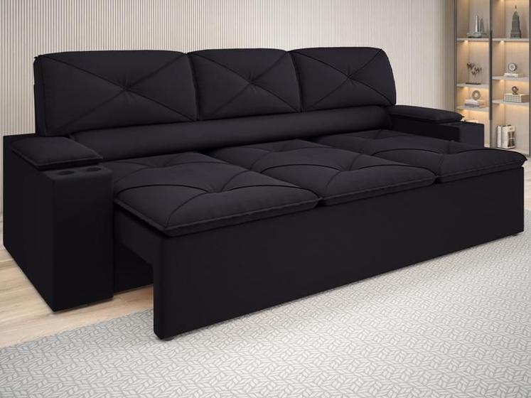 Imagem de Sofá com Porta Copos Retrátil e Reclinável Pop 2,05m Velosuede Preto - NETSOFAS