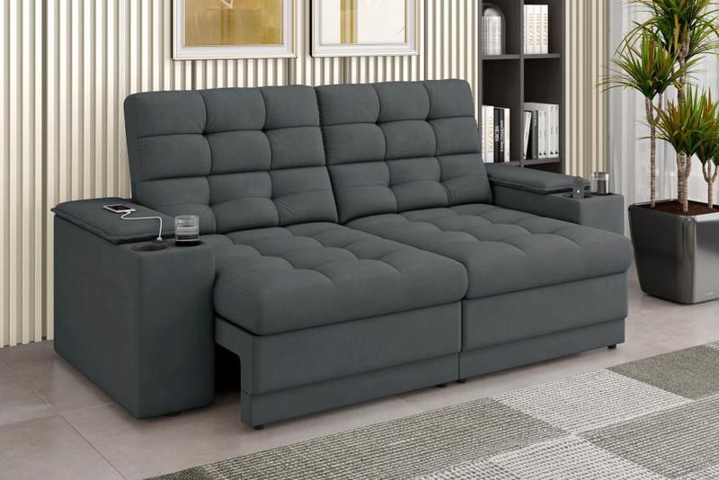 Imagem de Sofá Confort Premium 1,70m Assento Retrátil/Reclinável porta copos e USB Suede Cinza - XFlex Sofas