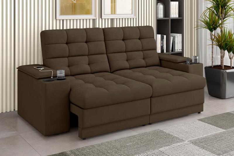 Imagem de Sofá Confort Premium 1,70m Assento Retrátil/Reclinável porta copos e USB Suede Marrom - XFlex Sofas