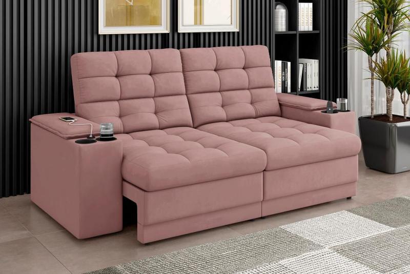 Imagem de Sofá Confort Premium 1,70m Assento Retrátil/Reclinável porta copos e USB Suede Nude - XFlex Sofas
