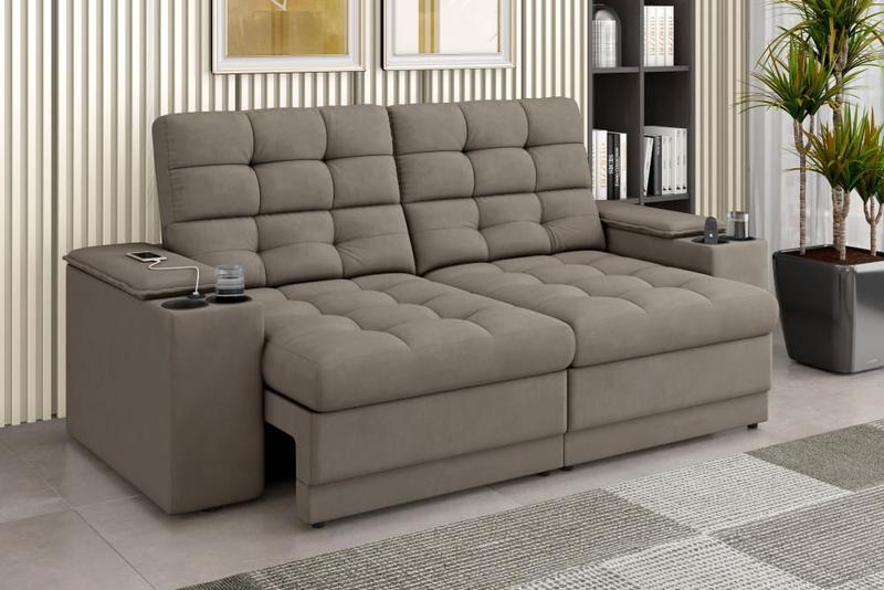 Imagem de Sofá Confort Premium 2,05m Assento Retrátil/Reclinável porta copos e USB Suede Capuccino - XFlex Sofas