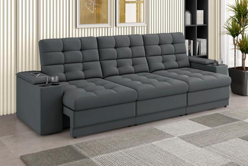 Imagem de Sofá Confort Premium 2,30m Assento Retrátil/Reclinável porta copos e USB Suede Cinza - XFlex Sofas