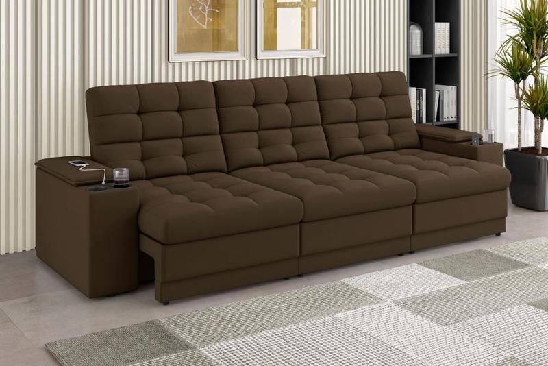 Imagem de Sofá Confort Premium 2,30m Assento Retrátil/Reclinável porta copos e USB Suede Marrom - XFlex Sofas